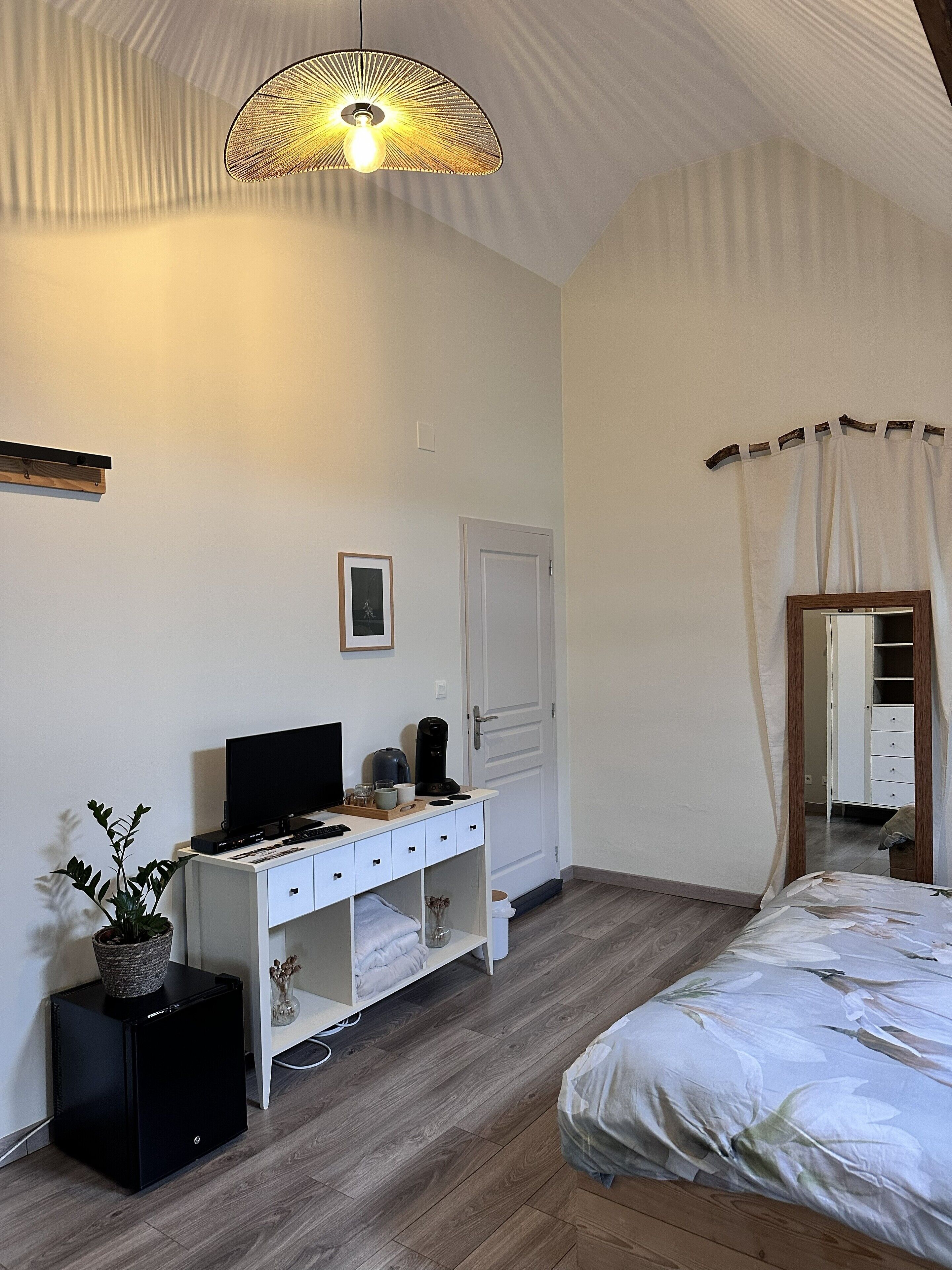 A bedroom with a bed, a desk with a television, a coffee maker, and a potted plant.