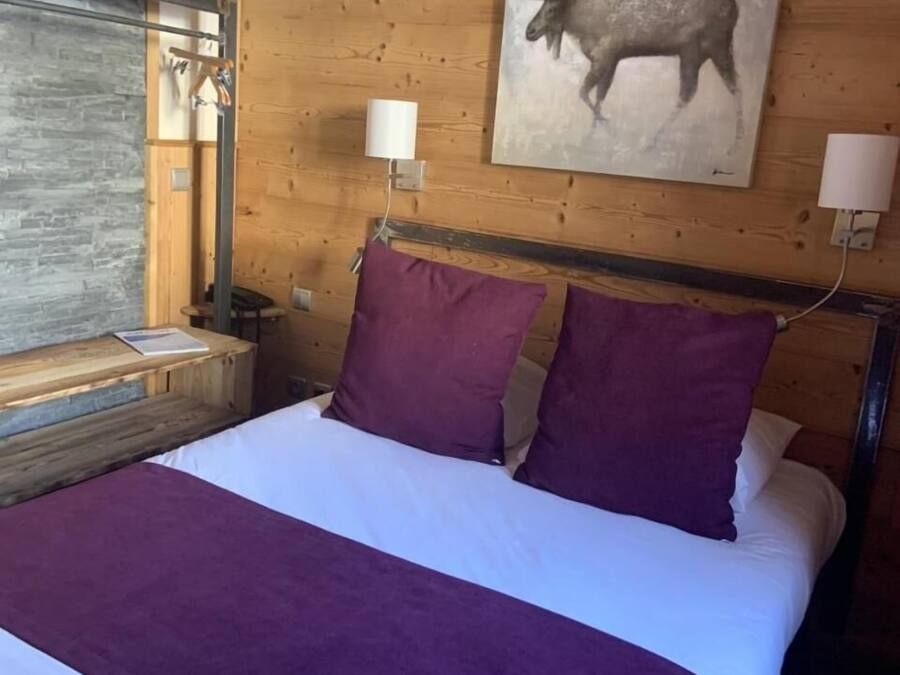 A wooden room with a bed, a wall-mounted picture of a moose, and a window with a view.
