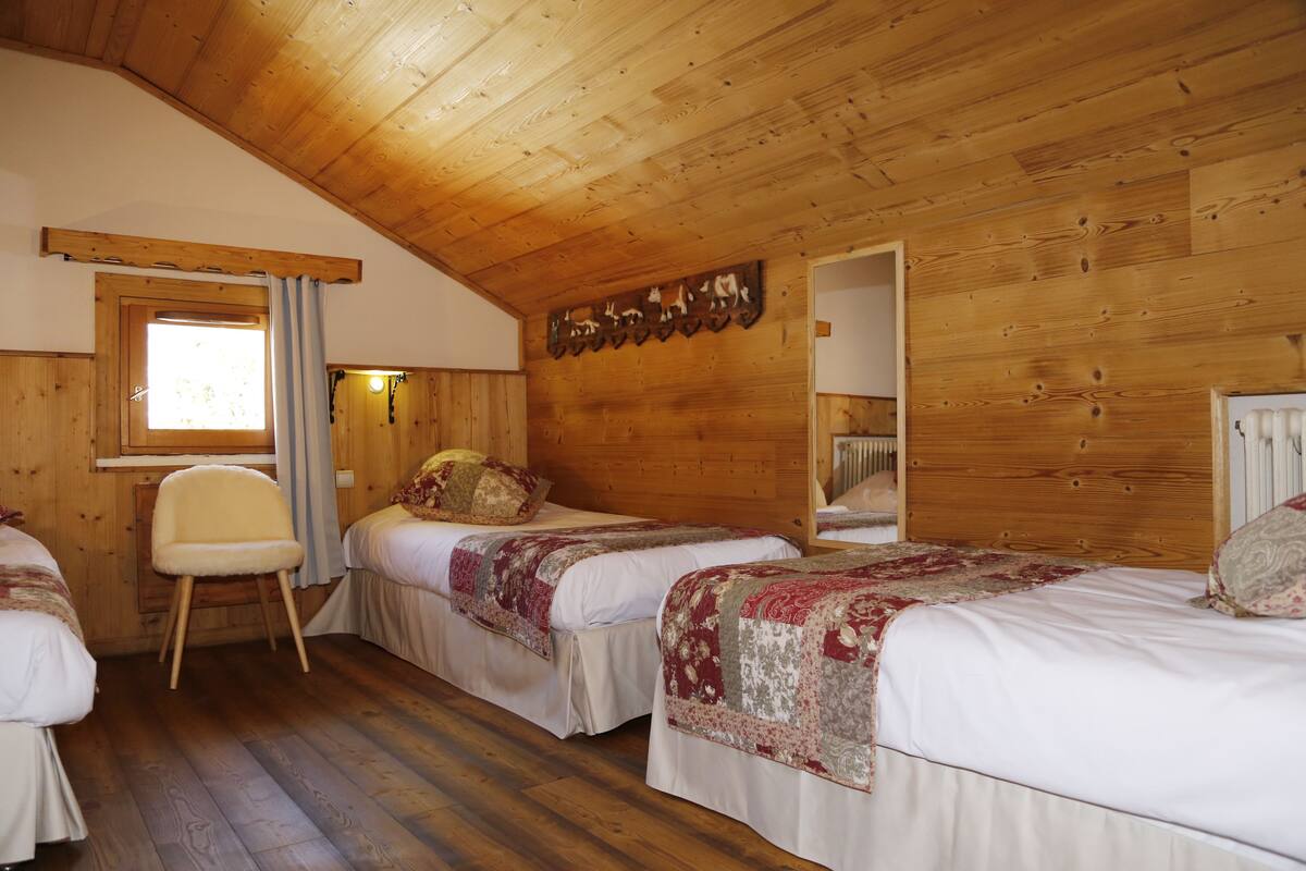 A cozy room with wooden walls, a sloped ceiling, and two beds with white linens and red blankets.