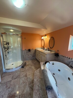 Douche, baignoire à remous, séchoir à cheveux, serviettes fournies