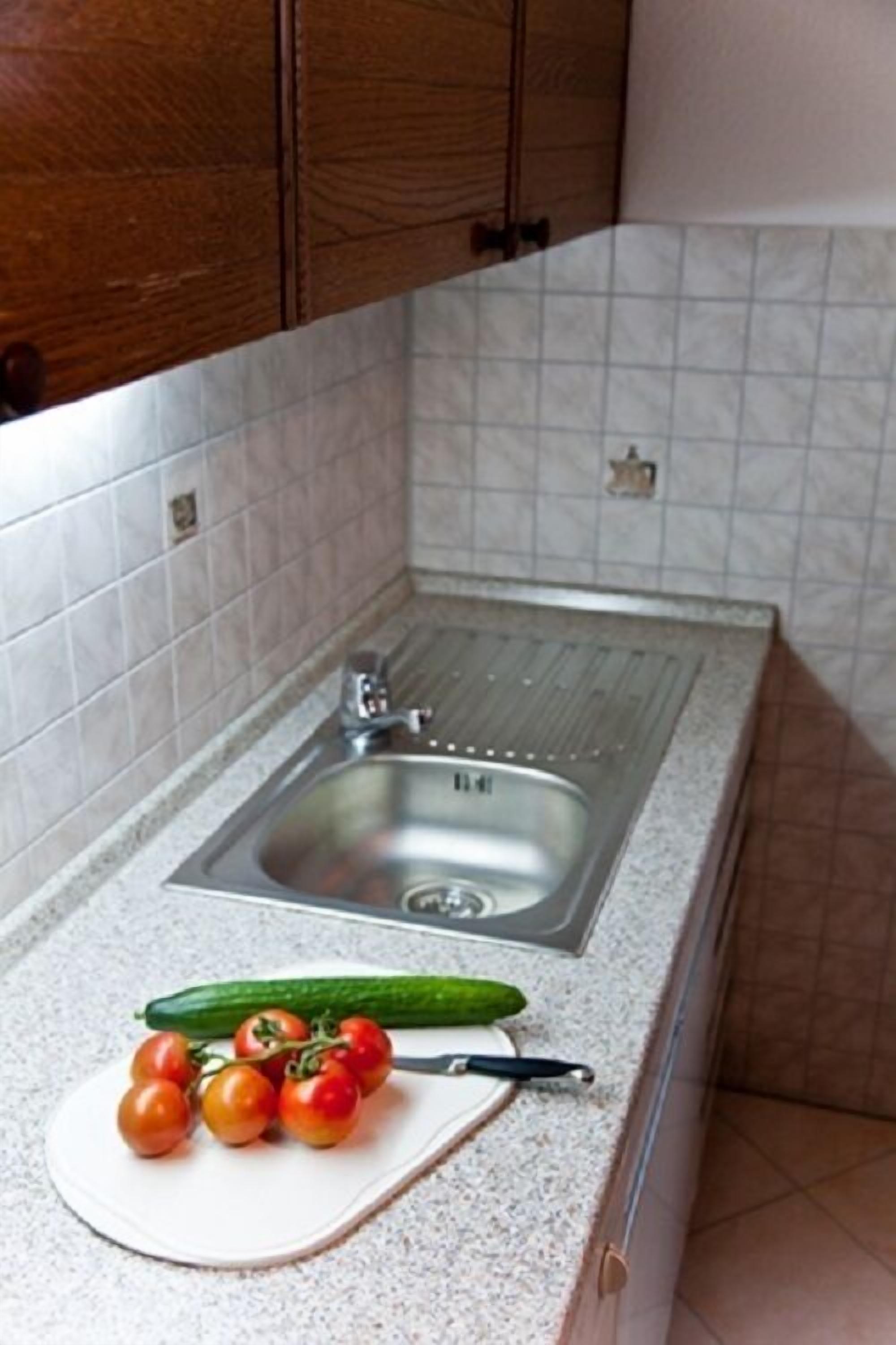 A kitchen with a sink, a countertop, and a plate with tomatoes and a cucumber.