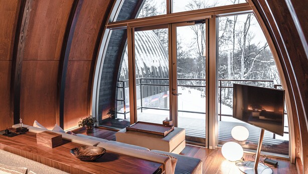 A modern interior with a large arched window, wooden flooring, a sofa, a TV, and a small table with a plant. - Andaru Collection Niseko (Kutchan)