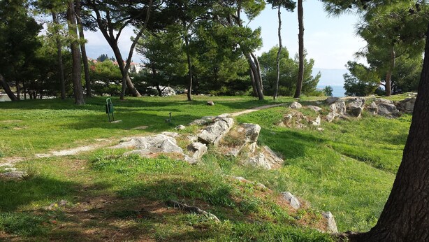 A natural park with a grassy path, scattered rocks, and tall trees. - Bacvice Beach Apartment (Split)