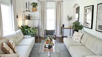 Smart TV, fireplace, books, music library