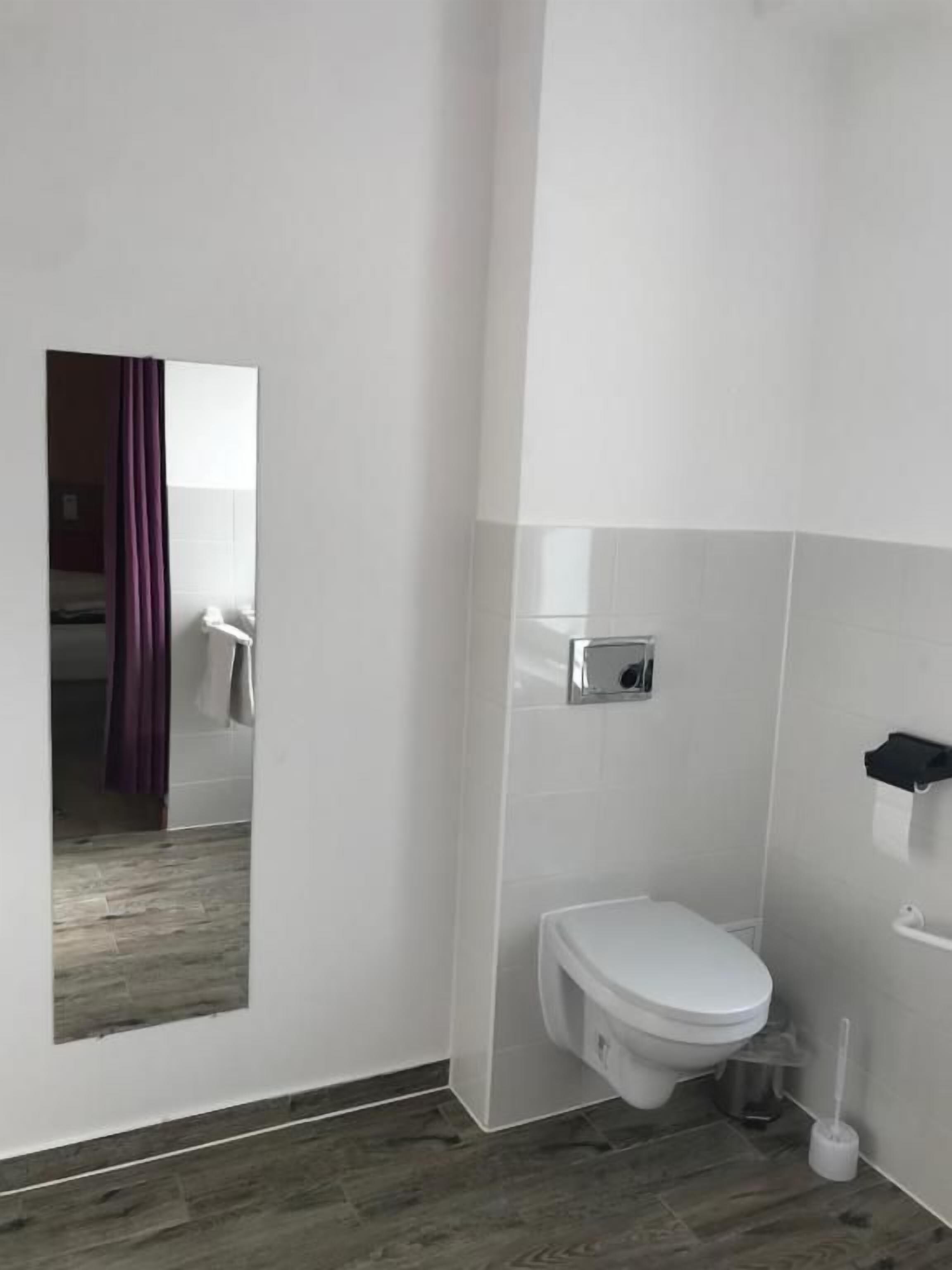 A bathroom with a toilet, a mirror, and a shower area.