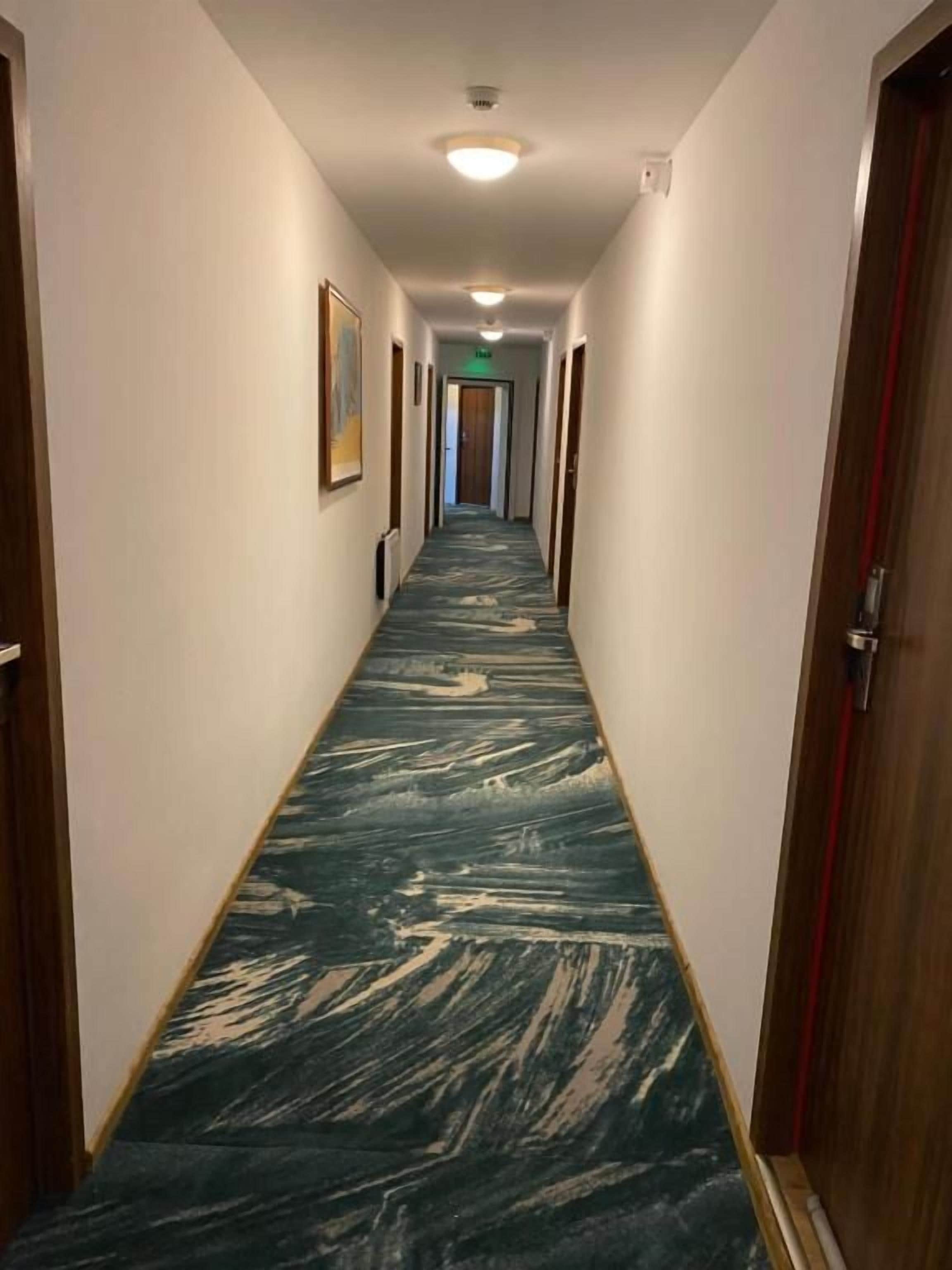 Um corredor com carpete estampado, portas em ambos os lados e um lustre no teto.