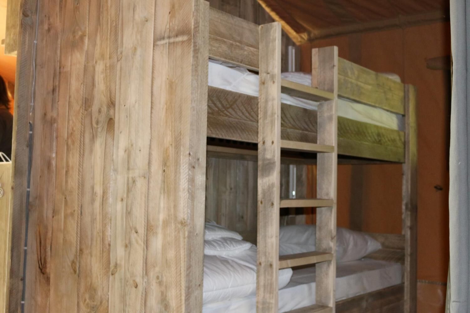A bunk bed with a wooden ladder, a wooden wall, and a partially visible door.
