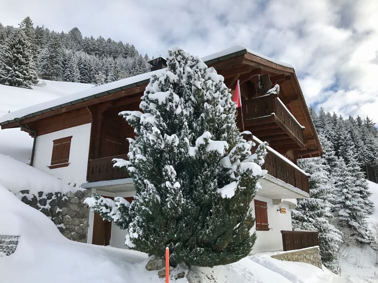 Eine Holzhütte mit Steinunterbau, umgeben von schneebedeckten Bäumen und einer Bergkulisse.