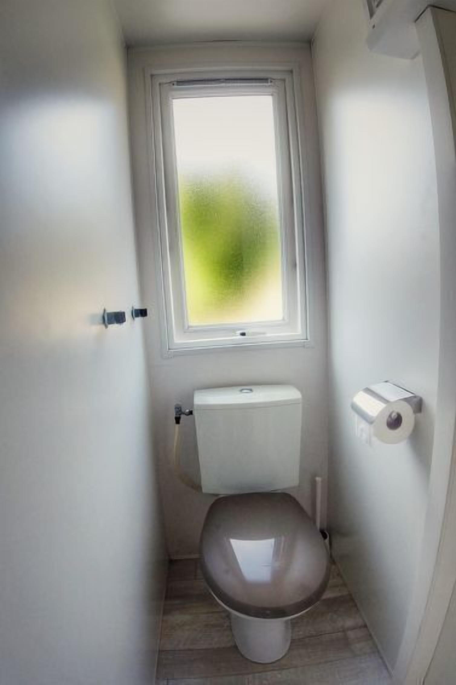 A small, narrow bathroom with a toilet, a window, and a roll of toilet paper on the wall.
