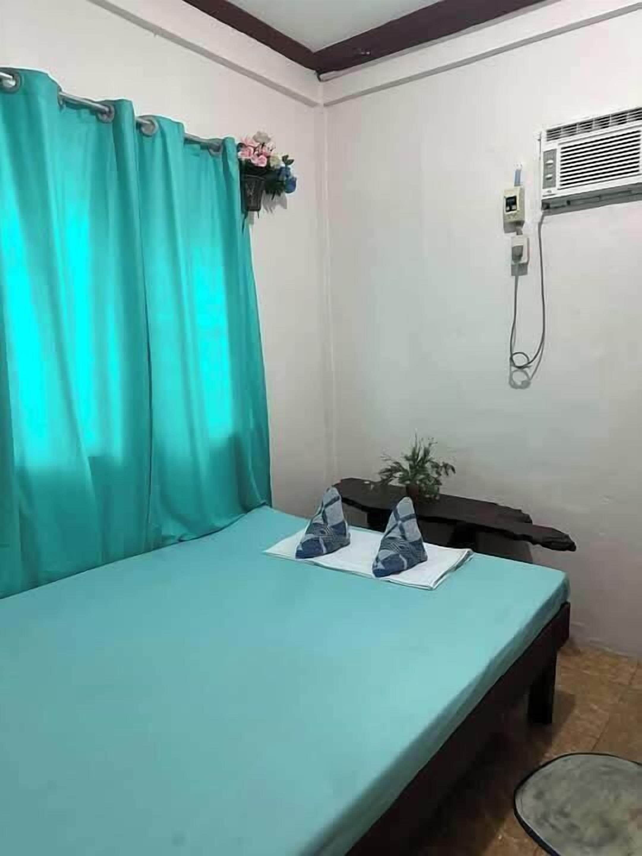 A room with a bed, teal curtains, a small table with a plant, and an air conditioning unit on the wall.