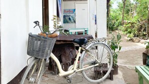 Una bicicleta estacionada frente a un edificio con un letrero que dice "Surfing Instructor".