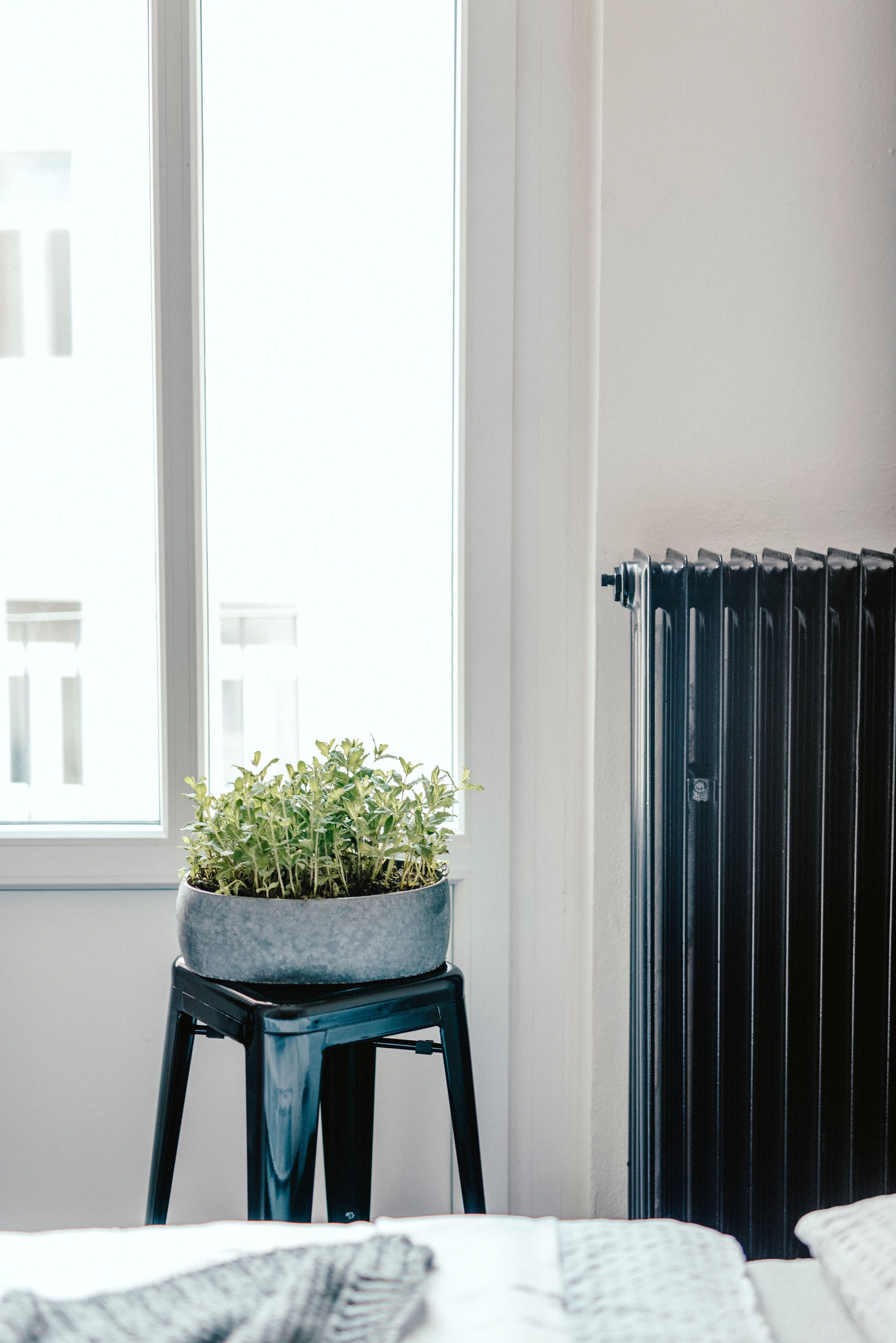 Un dormitorio con ventana, radiador y una planta en maceta sobre un taburete.