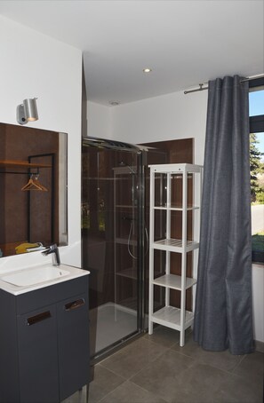 Shower, hair dryer, towels