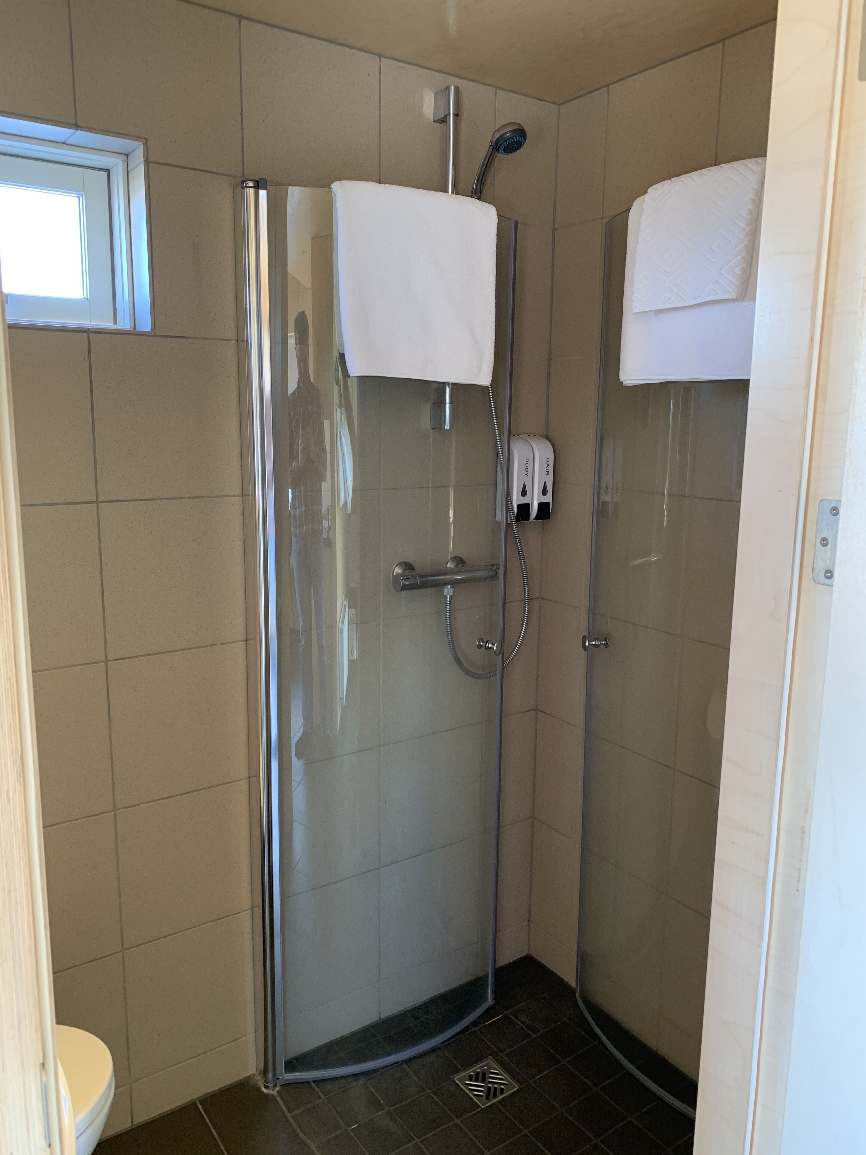 Une cabine de douche fermée par des parois en verre, dotée d’un pommeau de douche à main et d’un porte-serviettes.