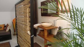 Hair dryer, towels, soap, shampoo