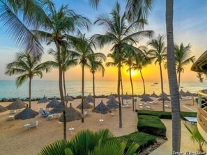 On the beach, sun-loungers