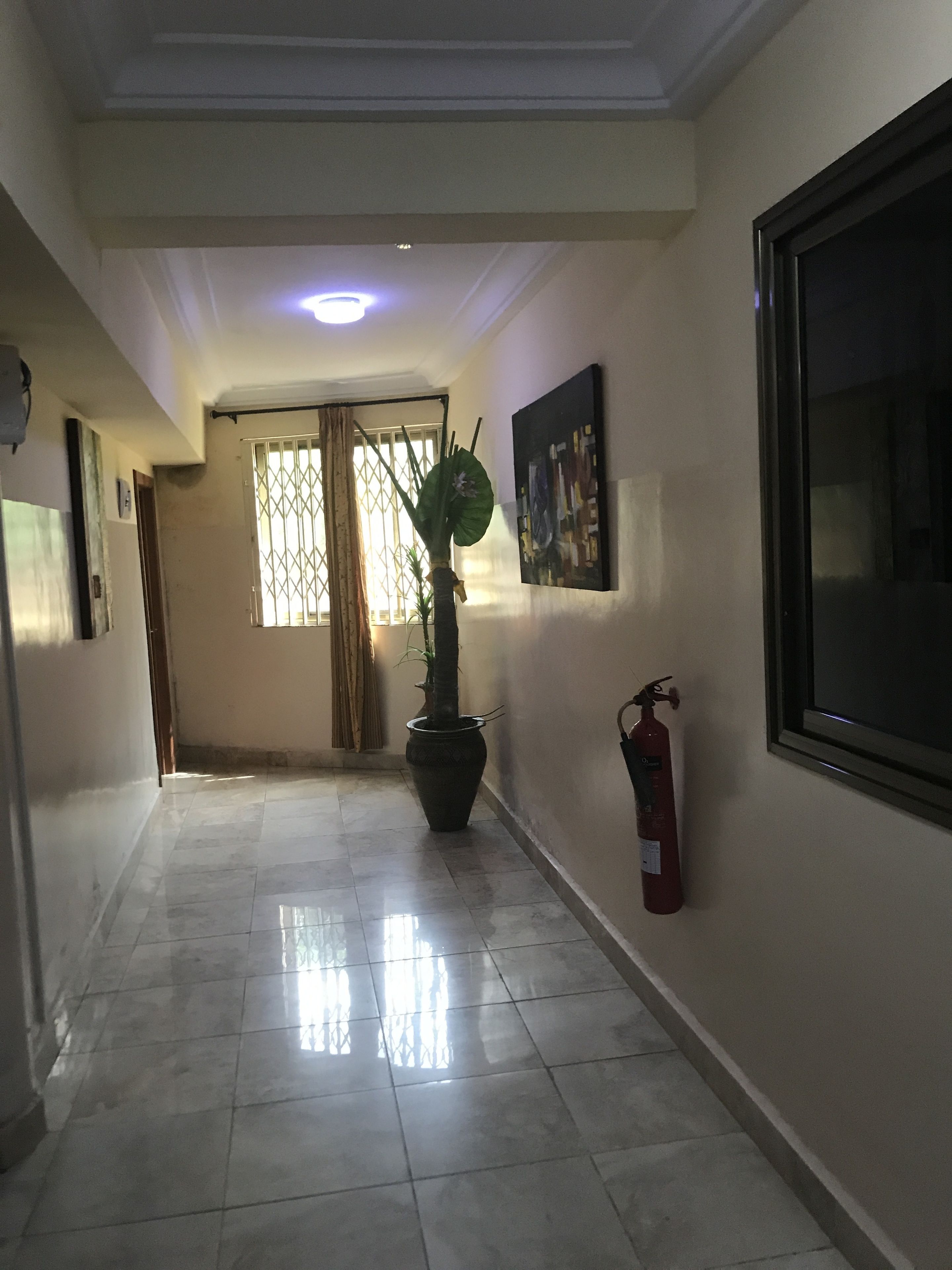 A hallway with a tiled floor, a potted plant, a fire extinguisher, and a framed picture on the wall.