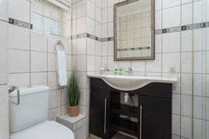 Une salle de bain avec des toilettes, un lavabo, un miroir et une plante en pot.