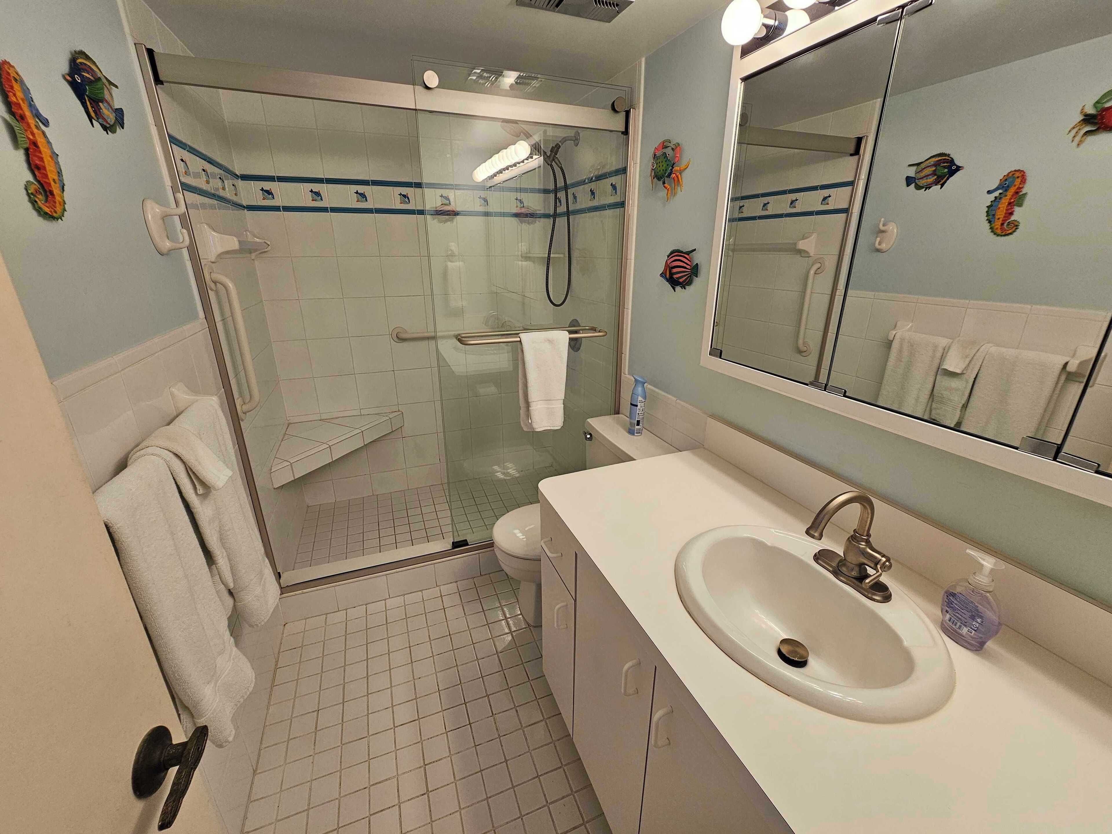 A bathroom with a glass shower enclosure, a white sink, and a mirror.