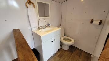 Chuveiro, toalhas de banho, papel higiênico