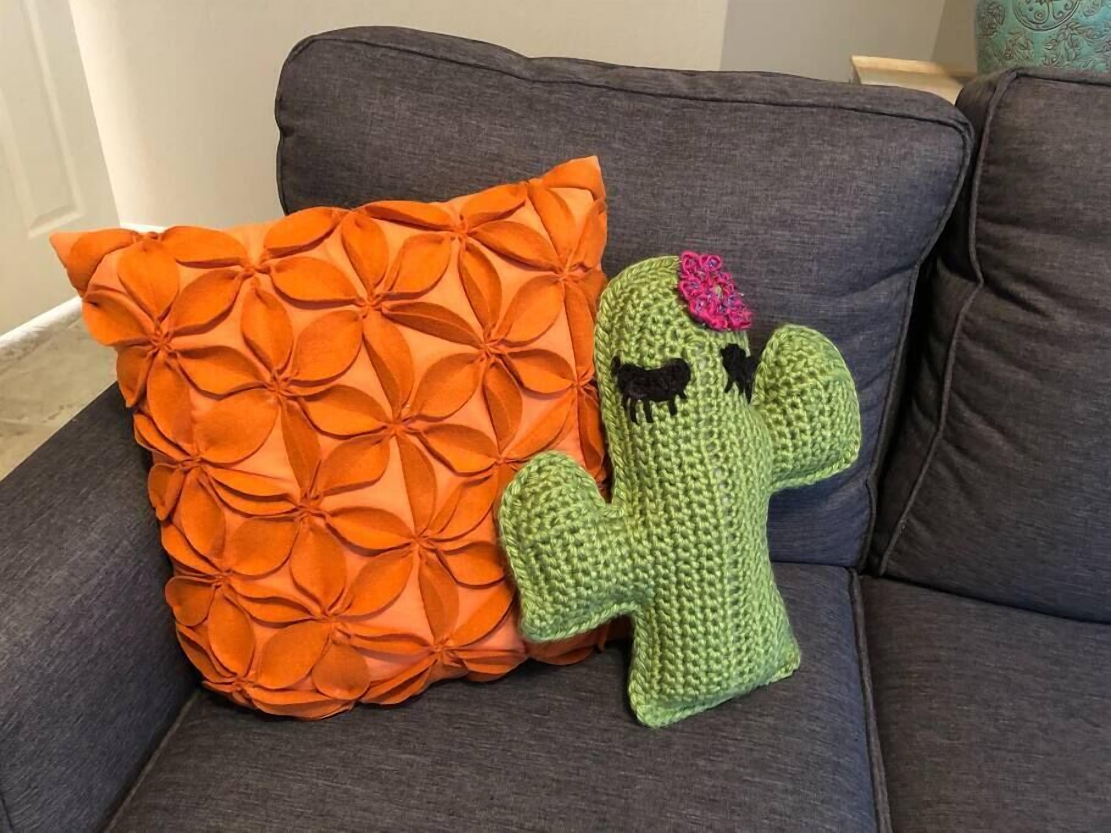 Un sofà gris amb un coixí taronja gran i un coixí amb forma de cactus verd.