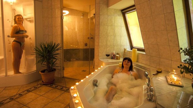 A bathroom with a bathtub, shower, and a potted plant. - Landhotel zur Post (Schoenheide)