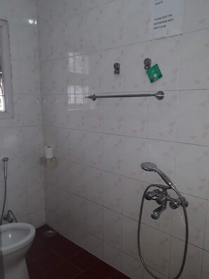 Hair dryer, bidet, towels, shampoo