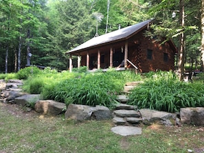 Escape to a secluded cabin surrounded by lush forest and a serene garden.