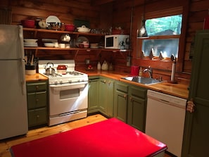Kitchen with a stove, sink, and dishwasher, offering ample storage and a view of the surrounding trees.