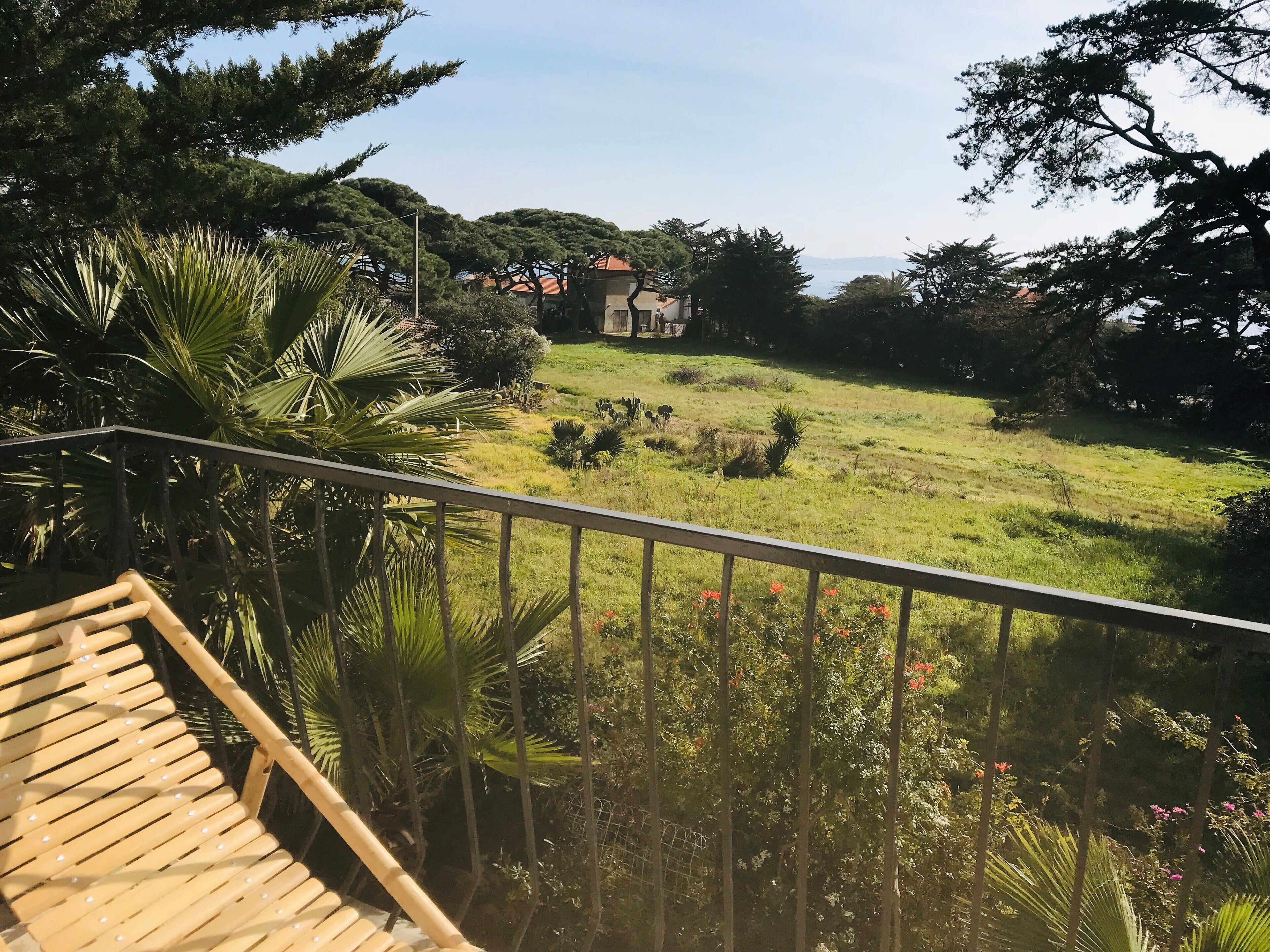 A balcony with a wooden railing overlooking a grassy area with trees and a distant building.