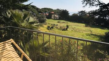 A balcony with a wooden railing overlooking a grassy area with trees and a distant building.