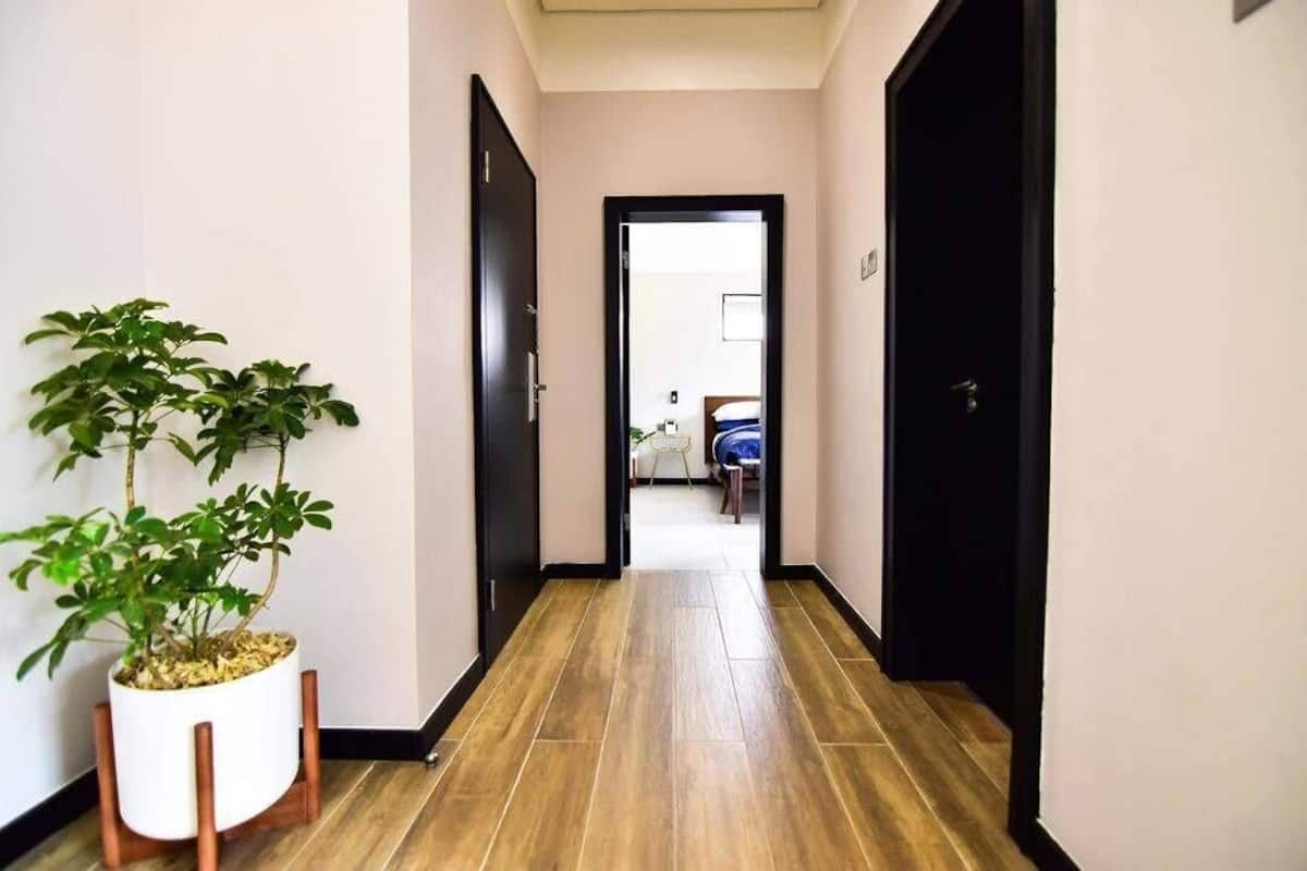 Um corredor com piso de madeira, um vaso com planta e portas que dão para um quarto.