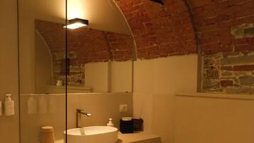 A modern bathroom with a glass-enclosed shower, a round sink, a bidet, and a mirror.