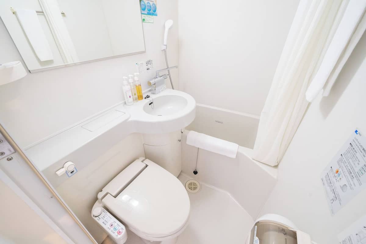 combined shower/bathtub, free toiletries, hair dryer, slippers
