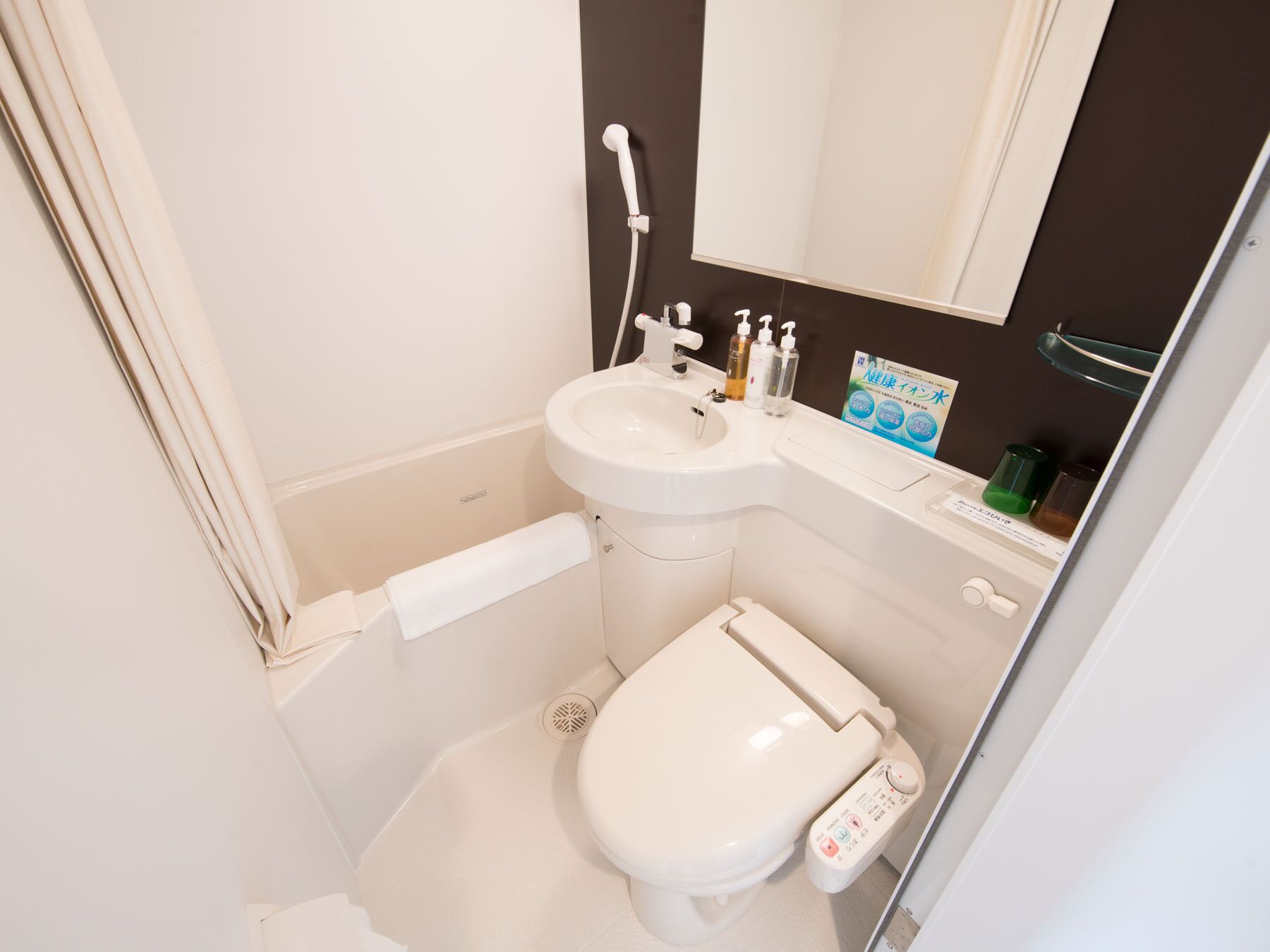 combined shower/bathtub, free toiletries, hair dryer, slippers