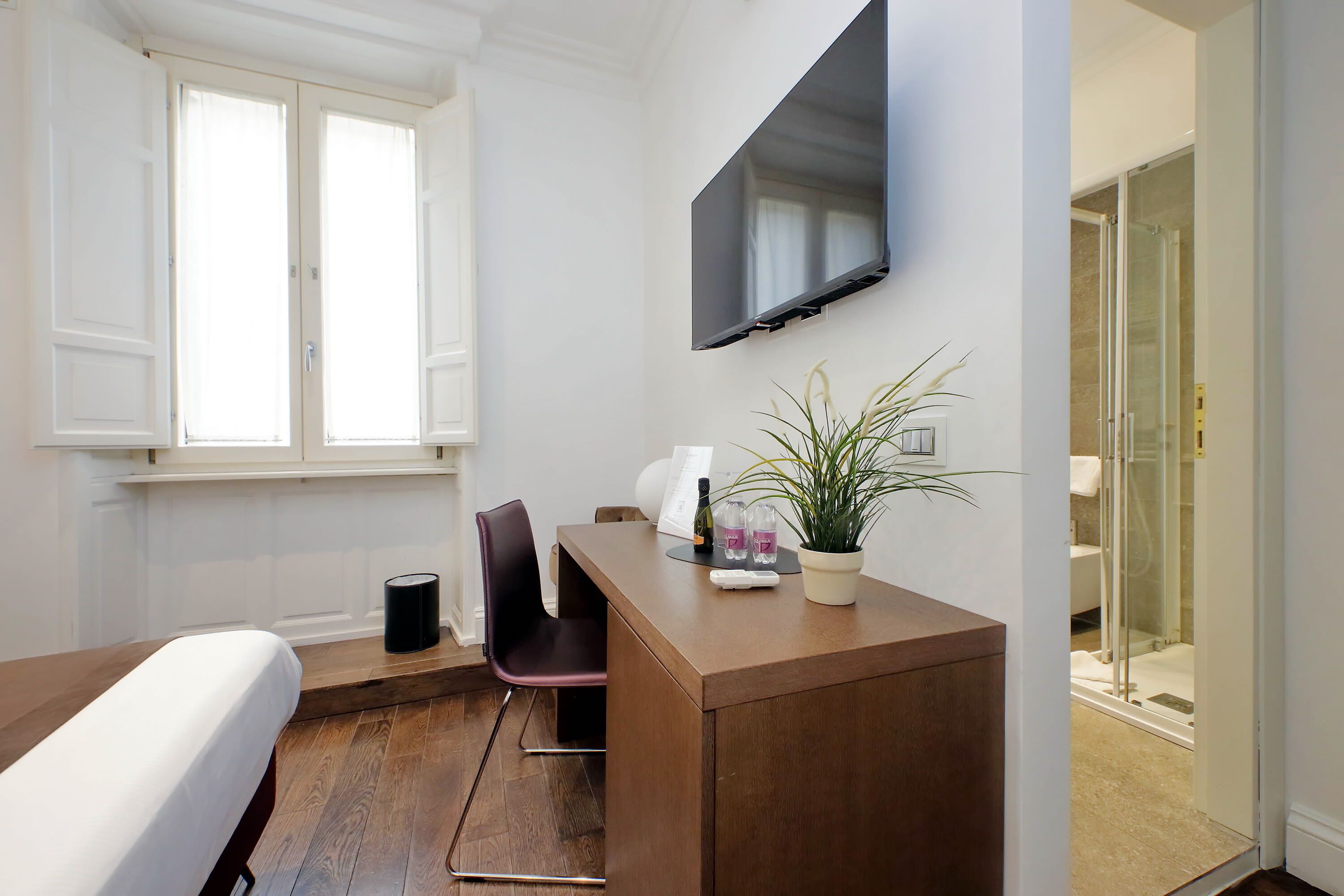 Una habitación de hotel moderna con cama, escritorio con silla, planta en maceta, televisor de pantalla plana montado en la pared y puerta de ducha de vidrio.