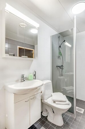 Dusche, Haartrockner, Handtücher, Seife