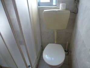 A small, compact bathroom with a toilet, a window, and a shower area. - Hospedaria D. Damélio (Lisbon)