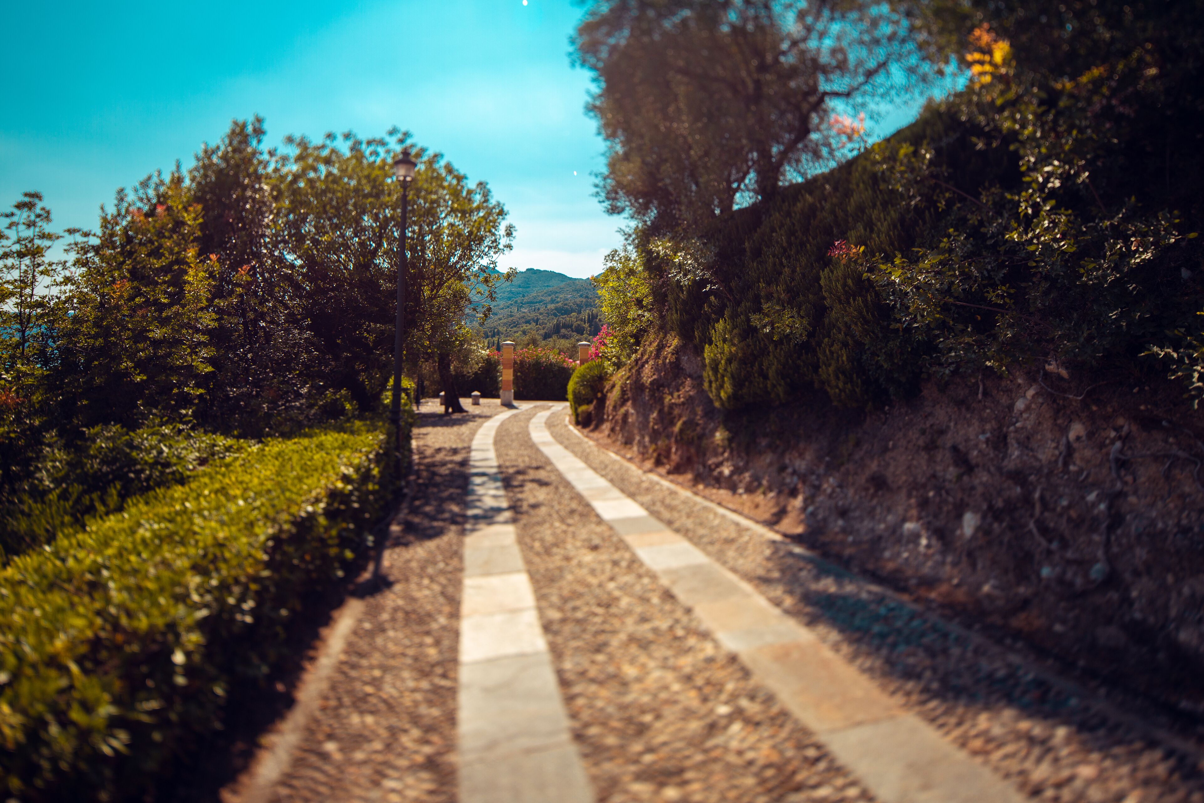 Une route asphaltée bordée d’une végétation luxuriante et d’un mur de pierre, qui mène vers une colline lointaine.