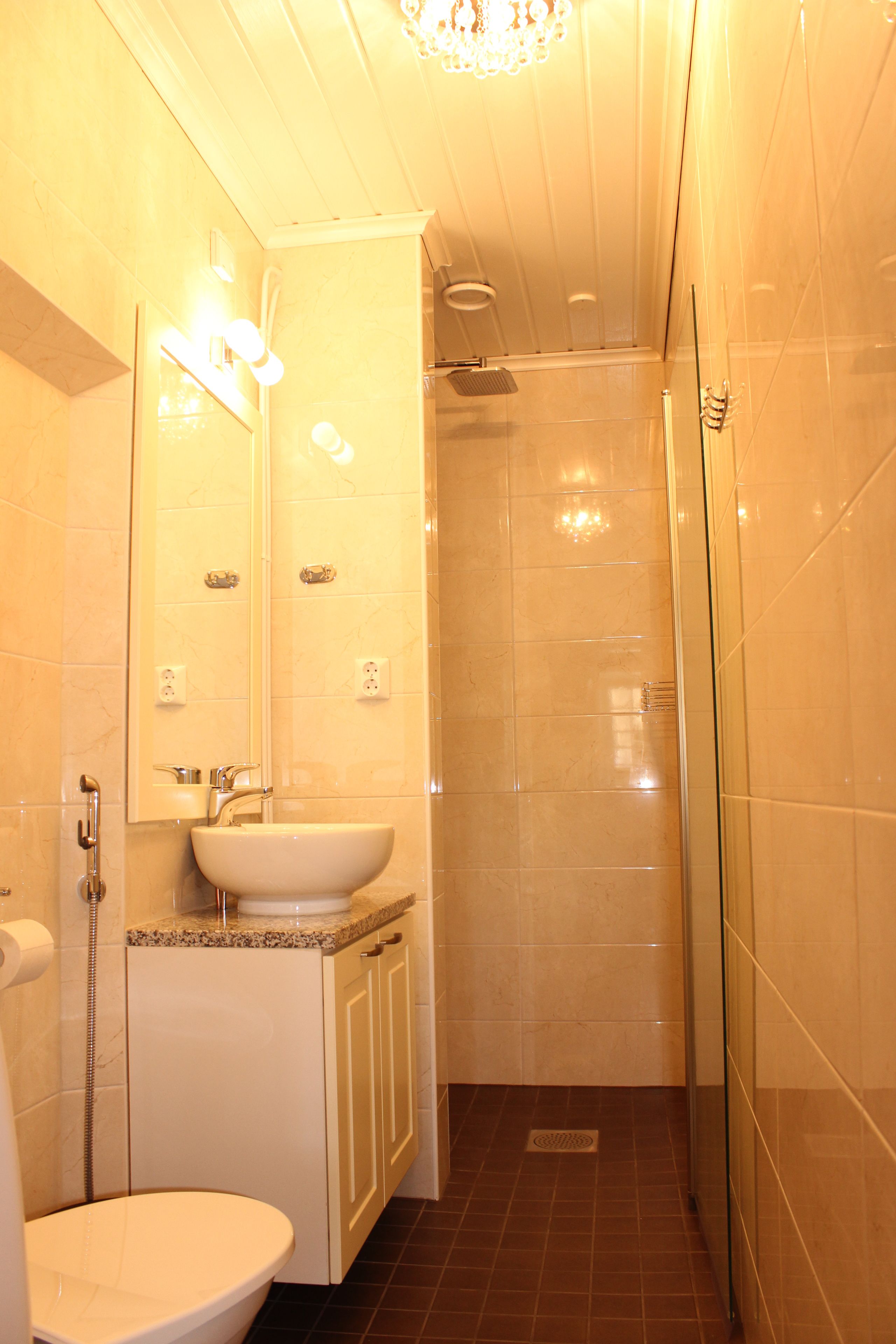 A bathroom with a sink, mirror, and shower.
