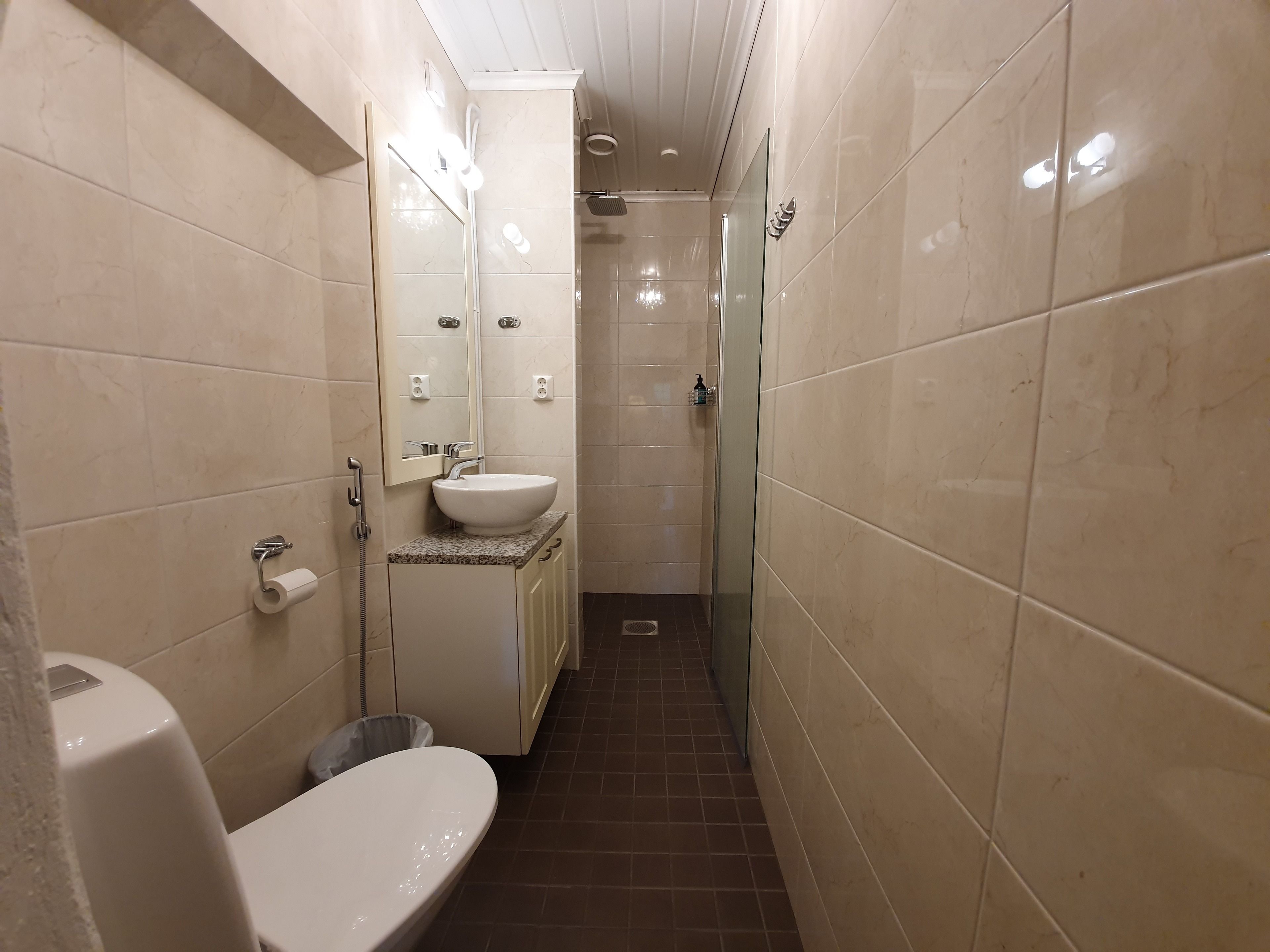 A narrow bathroom with a toilet, sink, and shower.