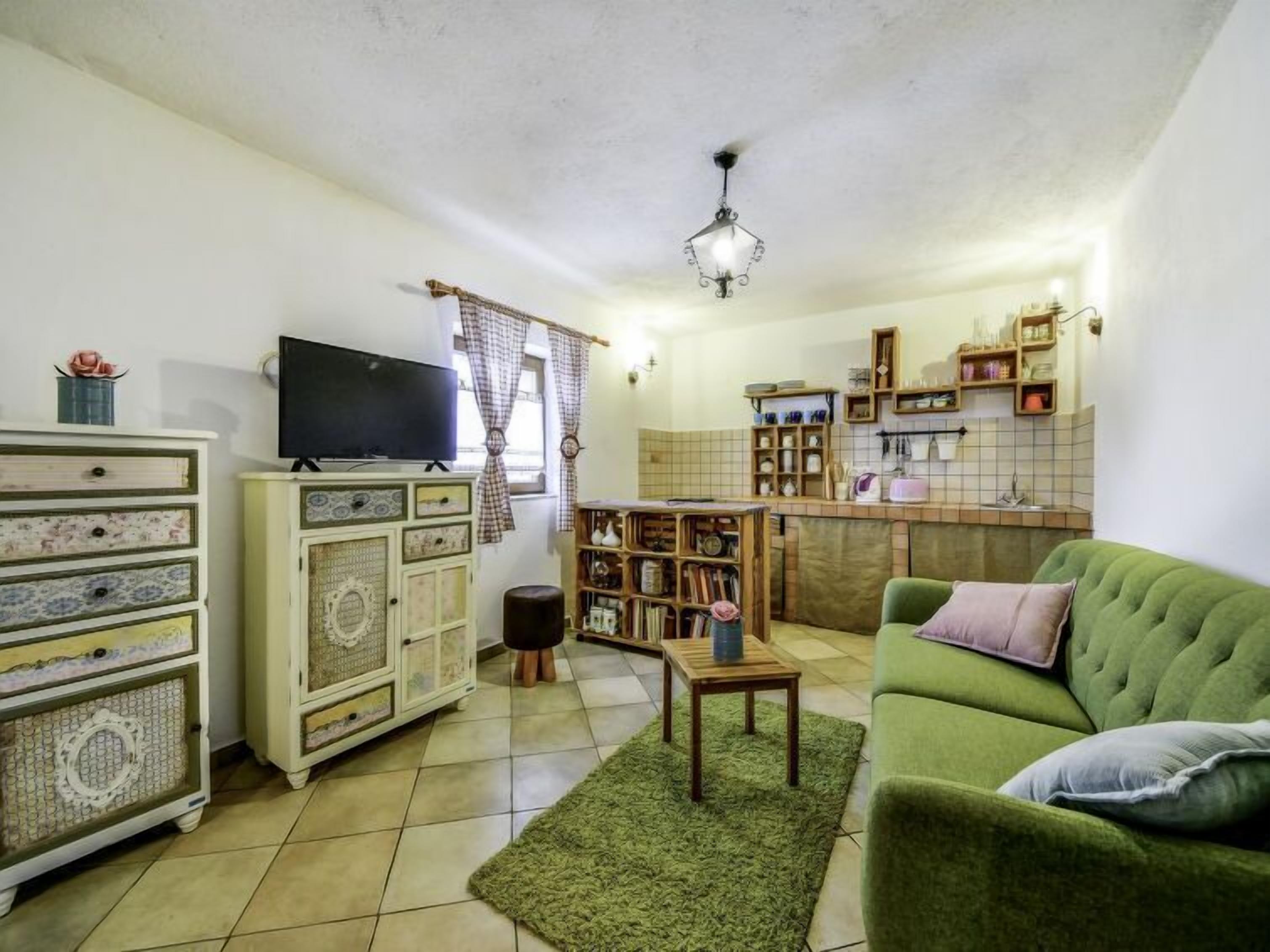 A living room with a green sofa, a television, a bookshelf, and a kitchen area with shelves and a tiled backsplash.