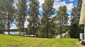 Une zone herbeuse avec un lac et des arbres en arrière-plan.