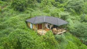 Una casa de piedra con techo de tejas rodeada de abundante vegetación.
