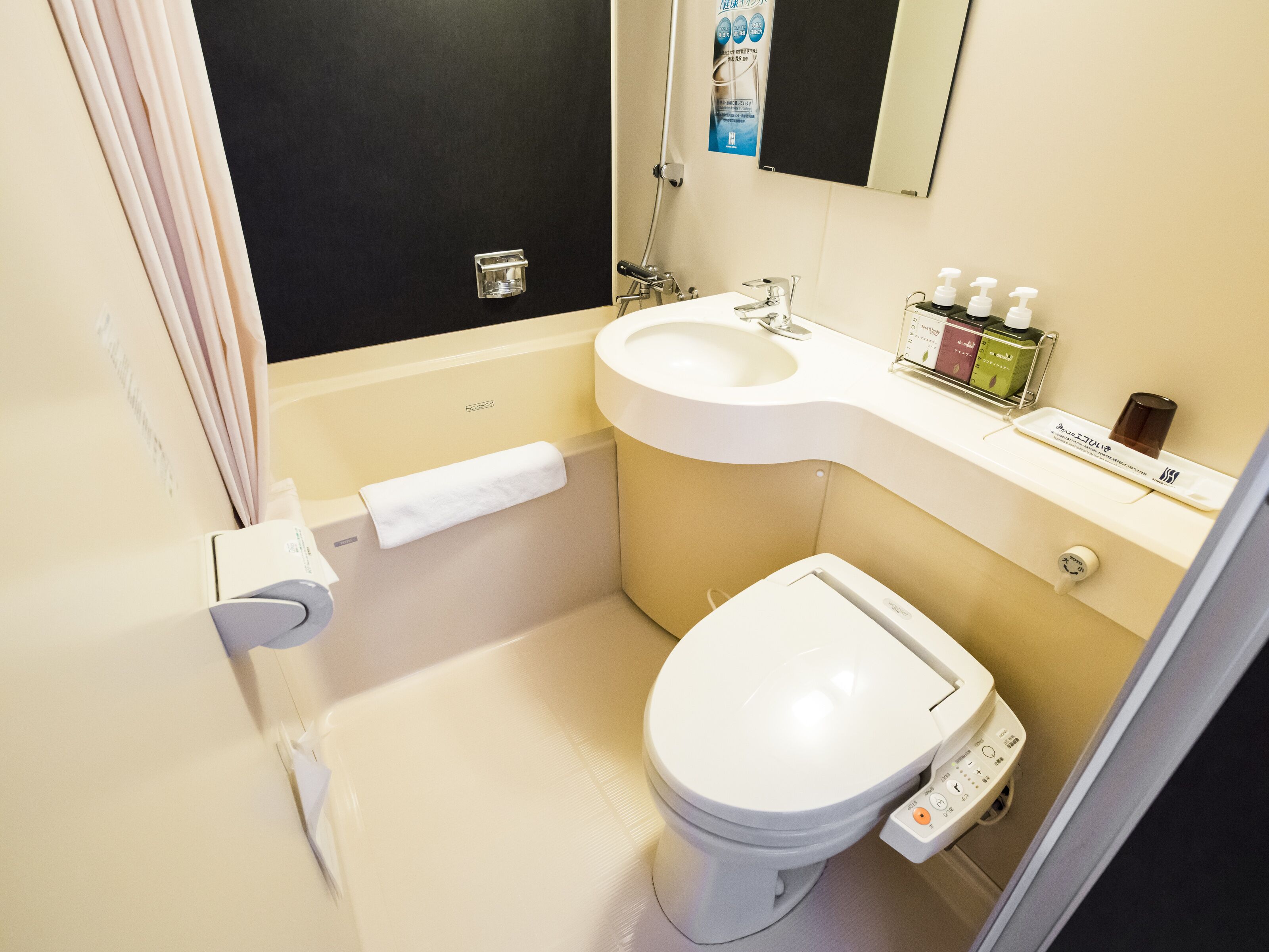 combined shower/bathtub, free toiletries, hair dryer, slippers