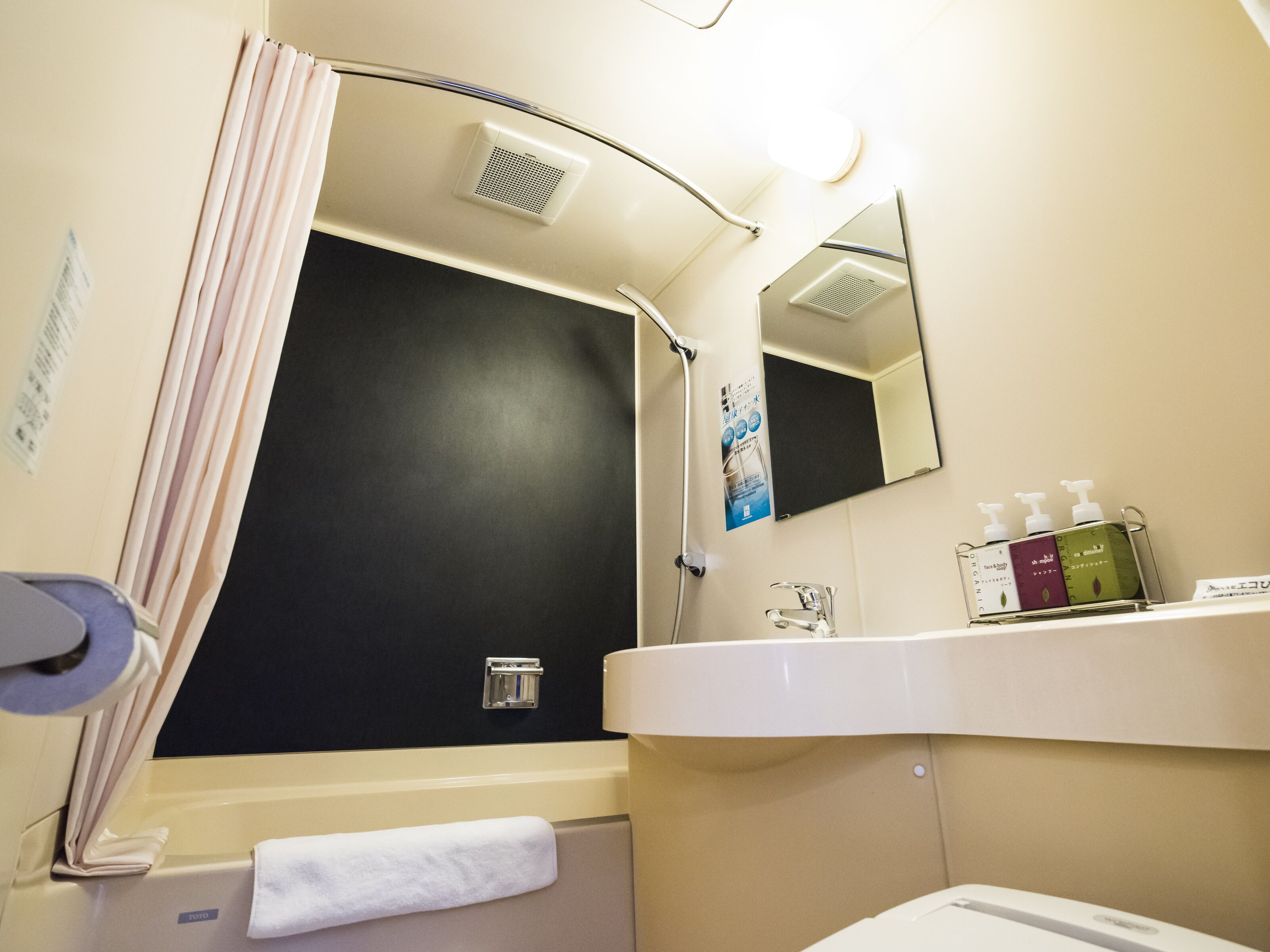 combined shower/bathtub, free toiletries, hair dryer, slippers