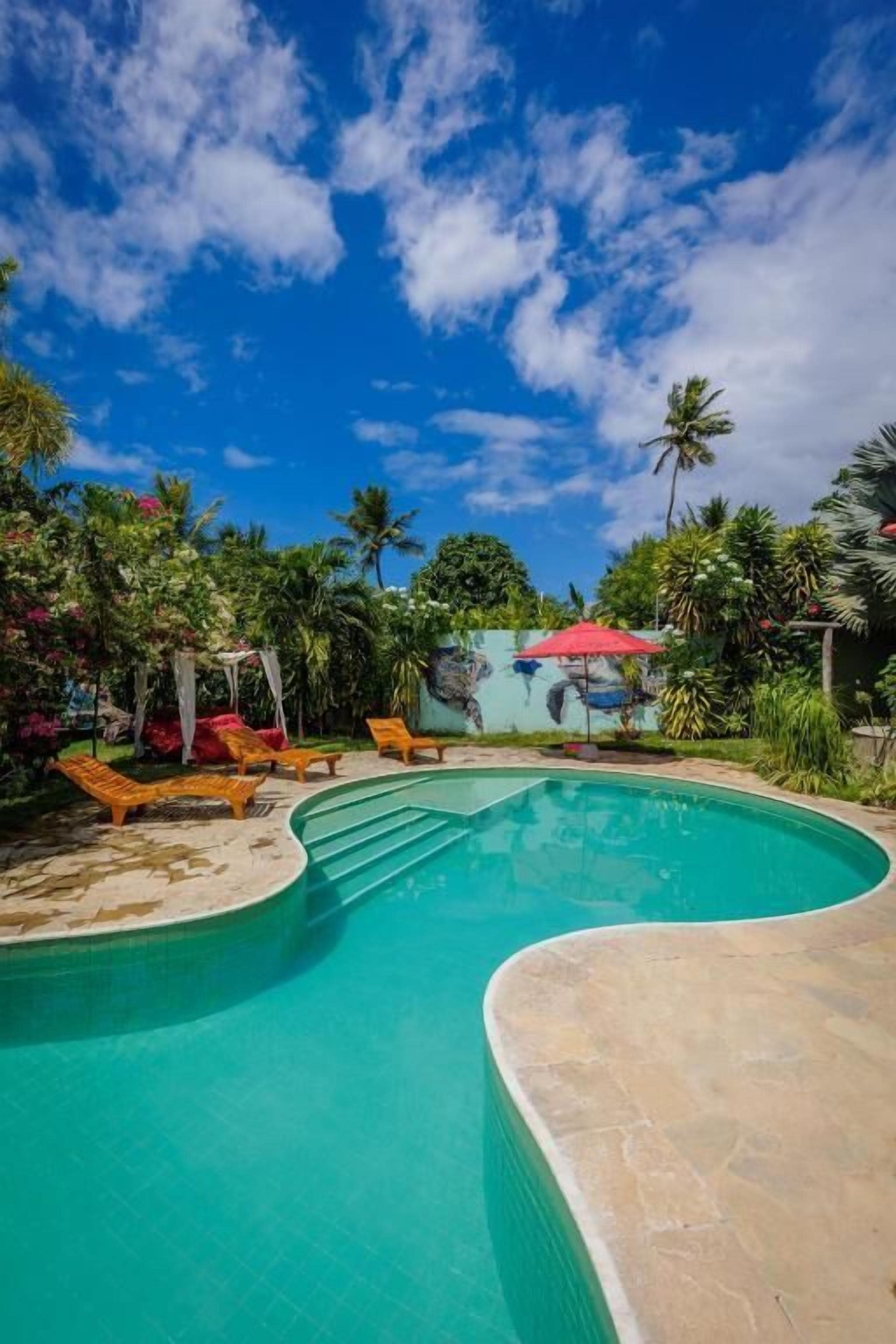 Una piscina con sillas de descanso, rodeada de vegetación tropical y un cielo azul despejado.