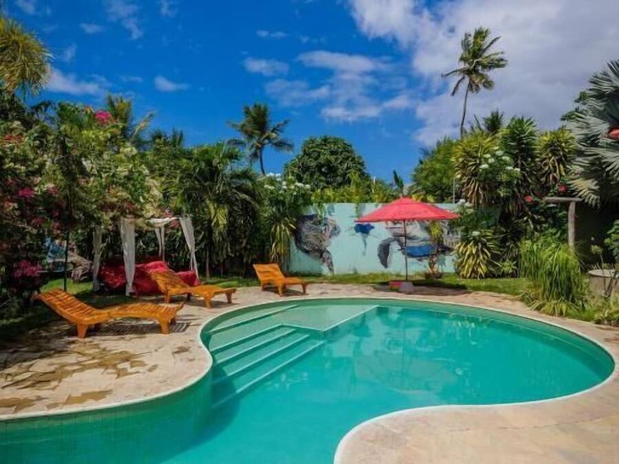 Una piscina con sillas de descanso, rodeada de vegetación tropical y un cielo azul despejado.