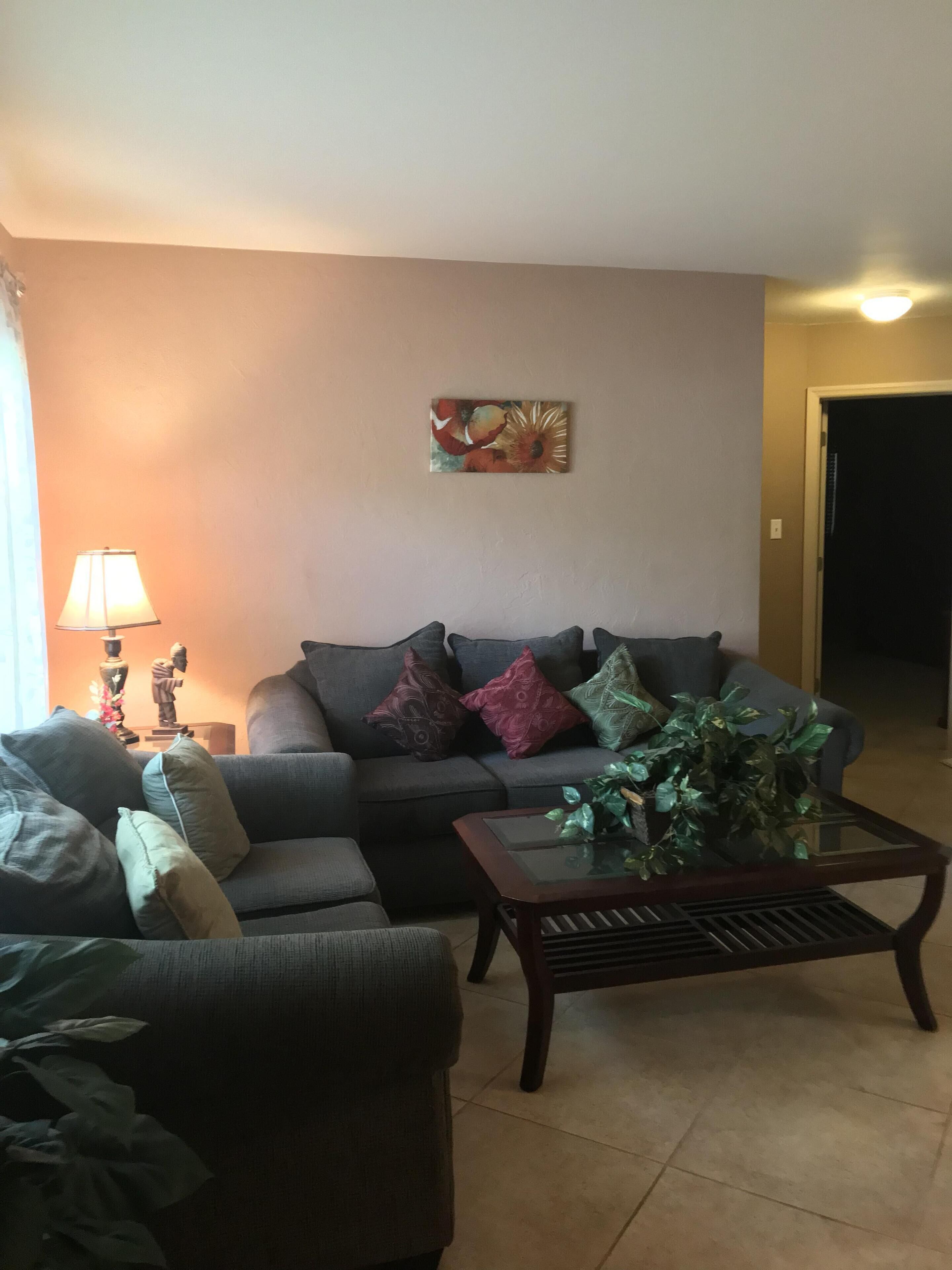 Ein Wohnzimmer mit grauem Sofa, mehreren Kissen, einem Glastisch mit Pflanze, einer Lampe und einem Gemälde an der Wand.