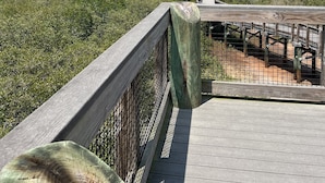 Eine Holzterrasse mit Metallgeländer, die auf eine Küstenlandschaft mit dichter Vegetation und blauem Himmel blickt.
